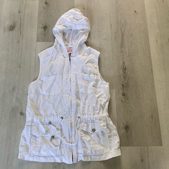 ST TROPEZ linen white zipper hooded jacket sleeveless hooded size M white summer - Picture 1 of 9